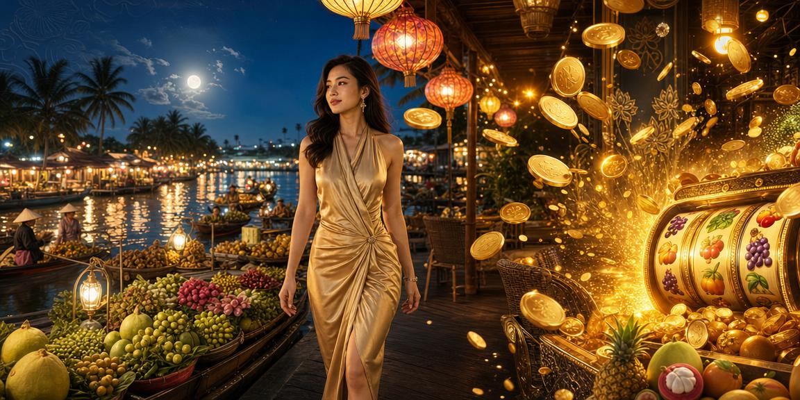 Không gian slot game tại chợ đêm Mekong với bầu không khí an toàn